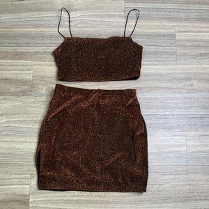 2Pc Metallic Mini Skirt Set with Side Slit